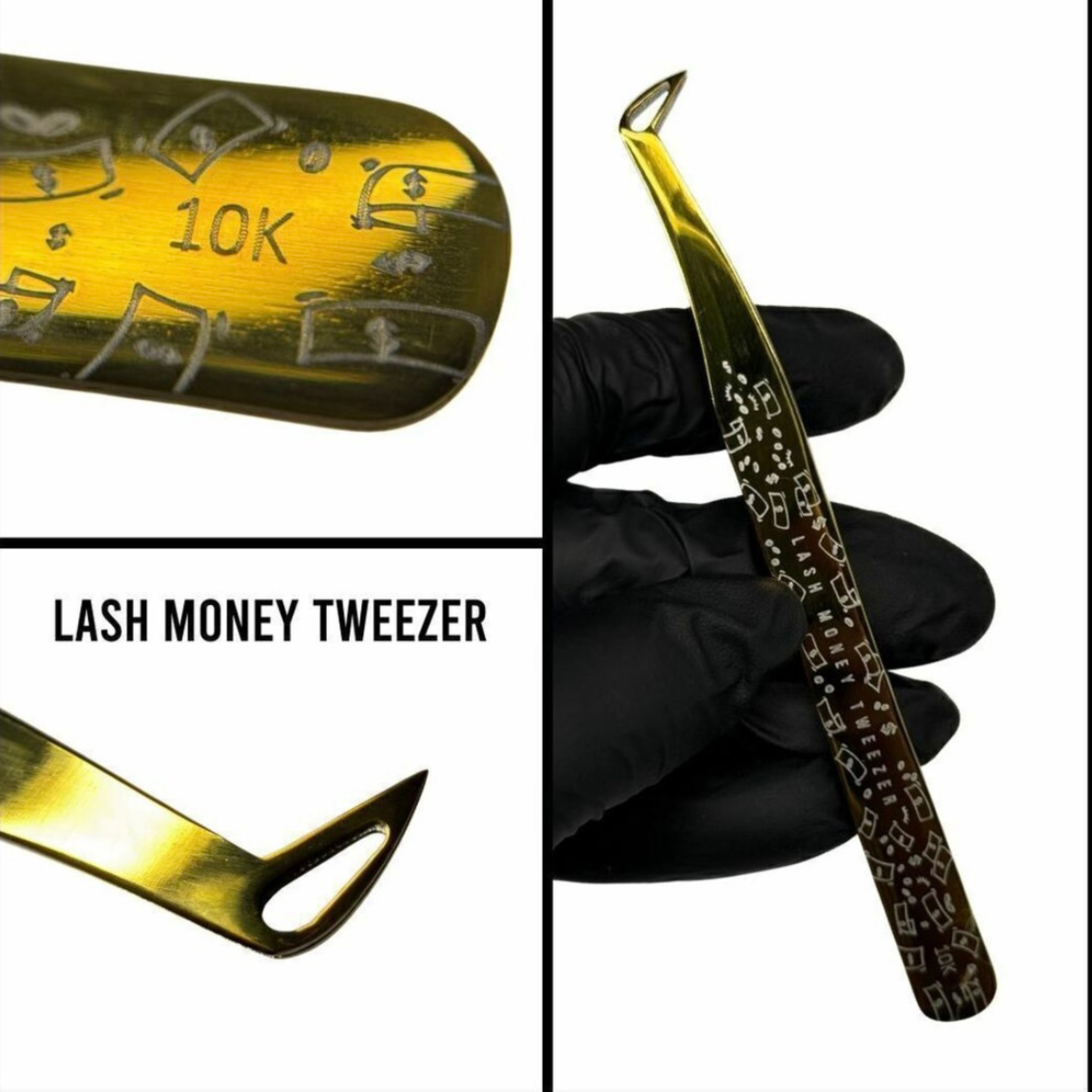 Pinza 10K – LASH MONEY Edition | Abrux Lashes (Para colocación de extensiones de pestañas – Volumen artesanal y espigas)