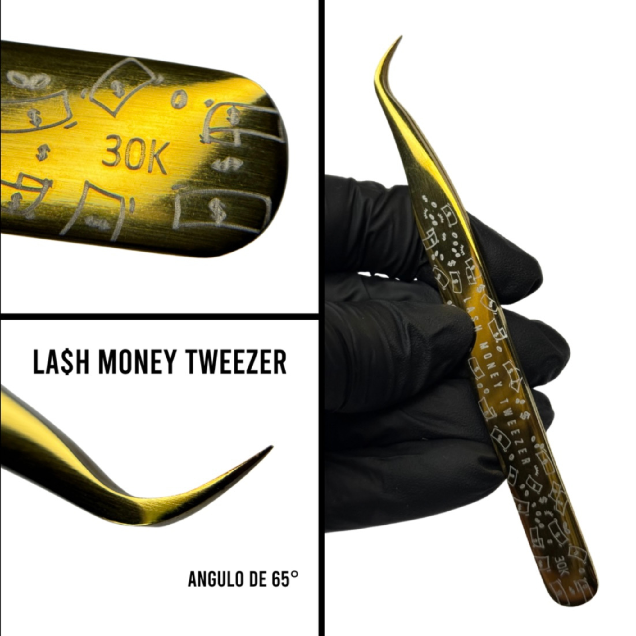 Pinza 30K – LASH MONEY Edition | Abrux Lashes (Versátil para técnicas clásicas, clásicas avanzadas y volumen tecnológico).