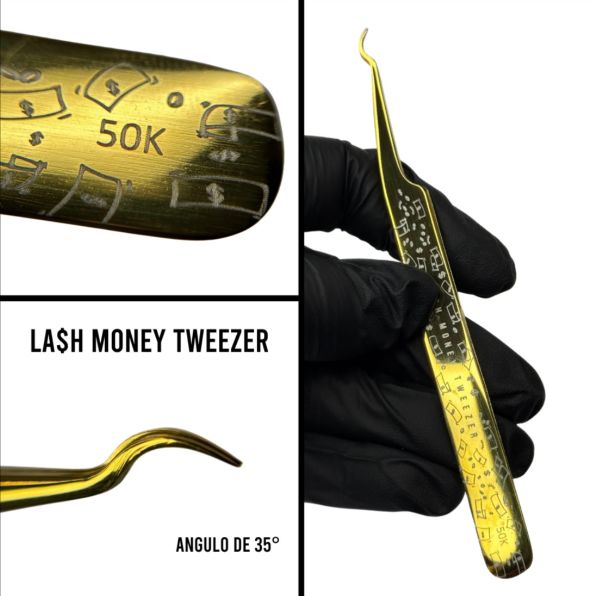 Pinza 50K – LASH MONEY Edition | Abrux Lashes (Para aislamiento de lagrimales – Precisión en zonas delicadas)