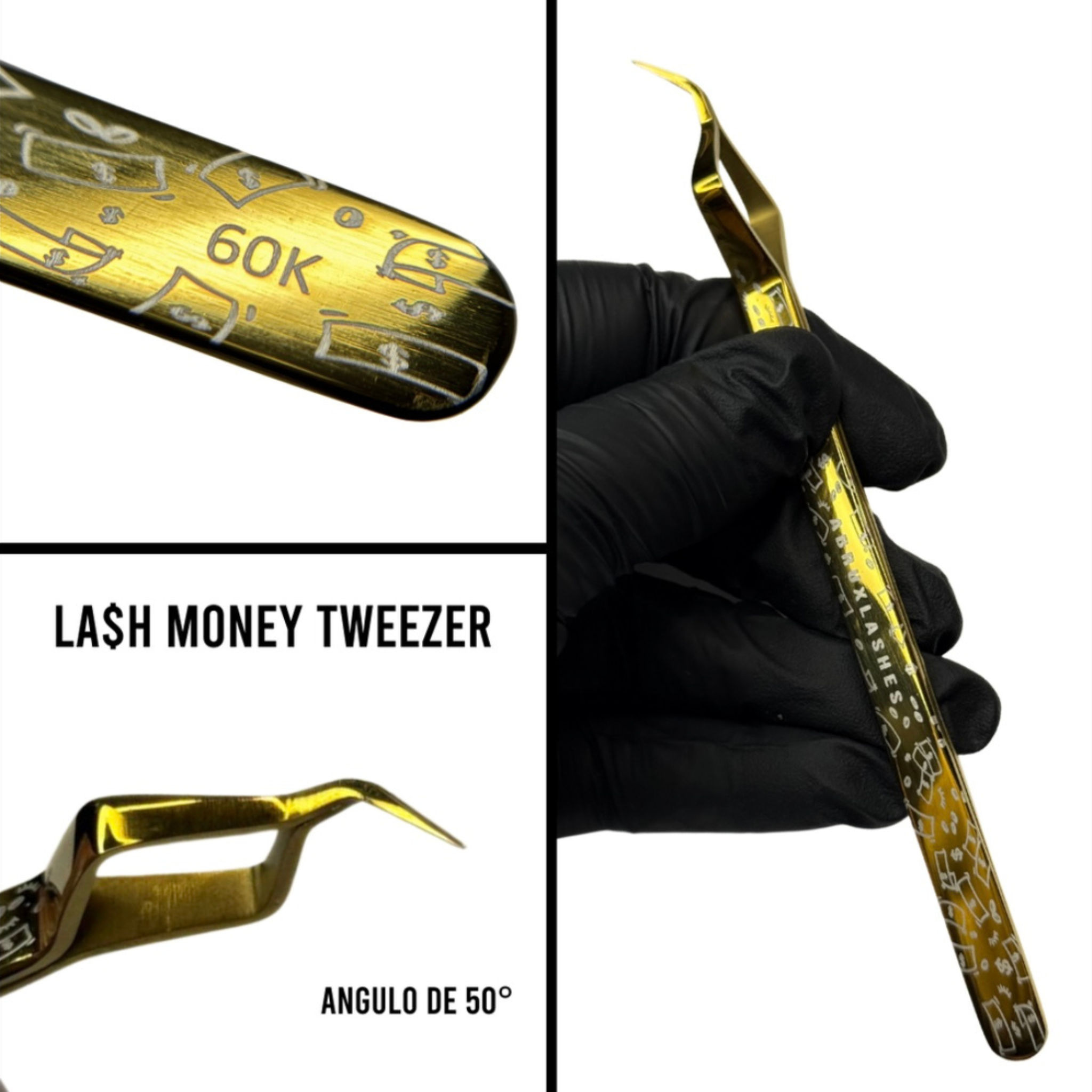 Pinza 60K – LASH MONEY Edition | Abrux Lashes (Para aislamiento de pestañas largas – Control superior)